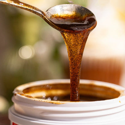 A spoonful of LorAnn Organic Madagascar Vanilla Bean Paste being lifted from a jar, showcasing the rich, speckled texture of the paste.