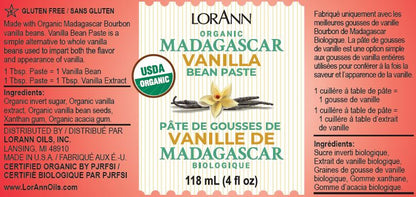 Label of LorAnn Organic Madagascar Vanilla Bean Paste, detailing the ingredients, USDA organic certification, and usage instructions.