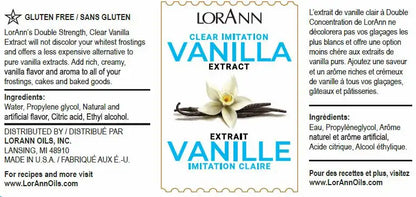 Label of LorAnn Clear Imitation Vanilla Extract, highlighting the gluten-free and double strength formula, ingredients, and usage instructions in both English and French.