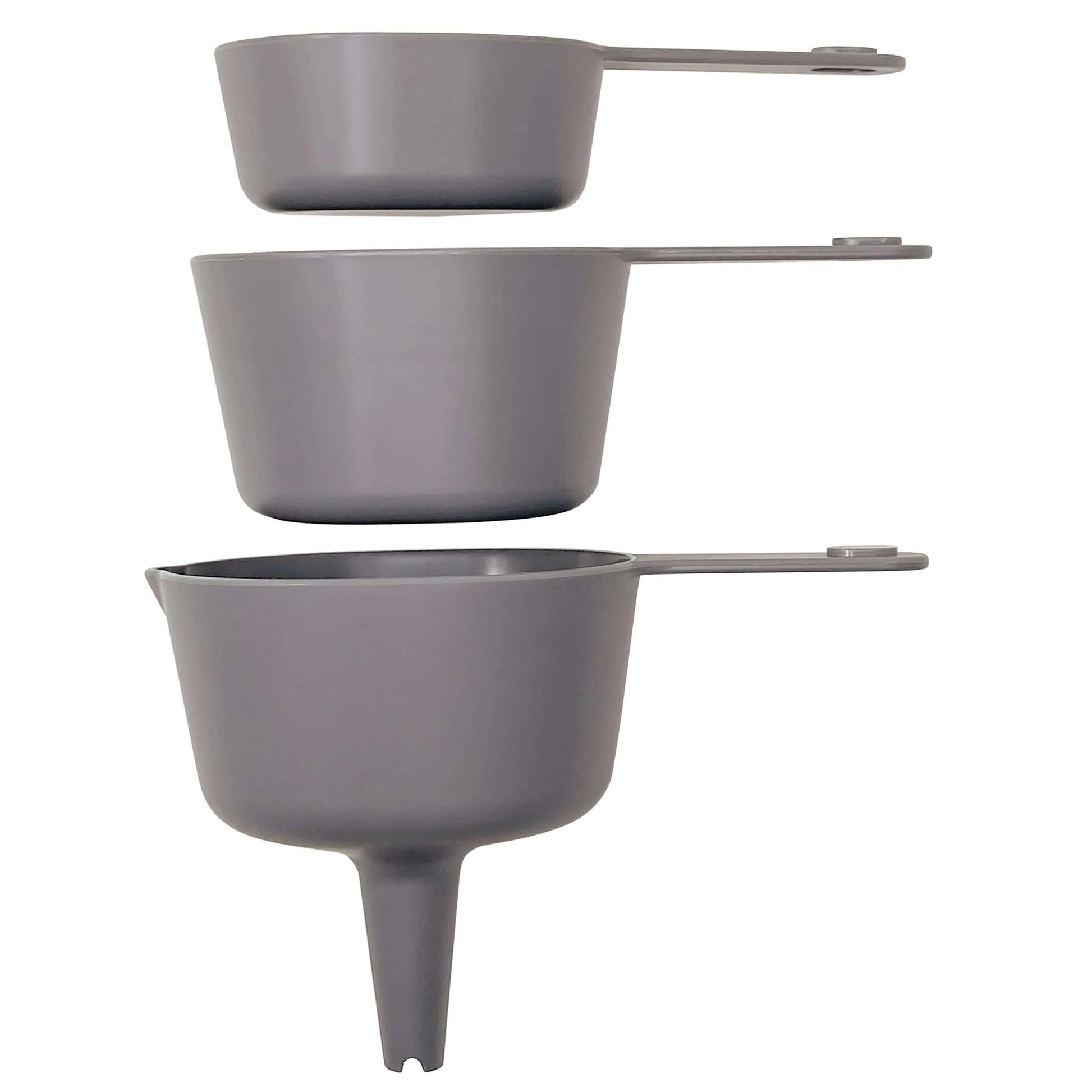 Three nested grey measuring cups of different sizes, one with a spout at the bottom. The cups are stacked on top of each other, showing their varying capacities.