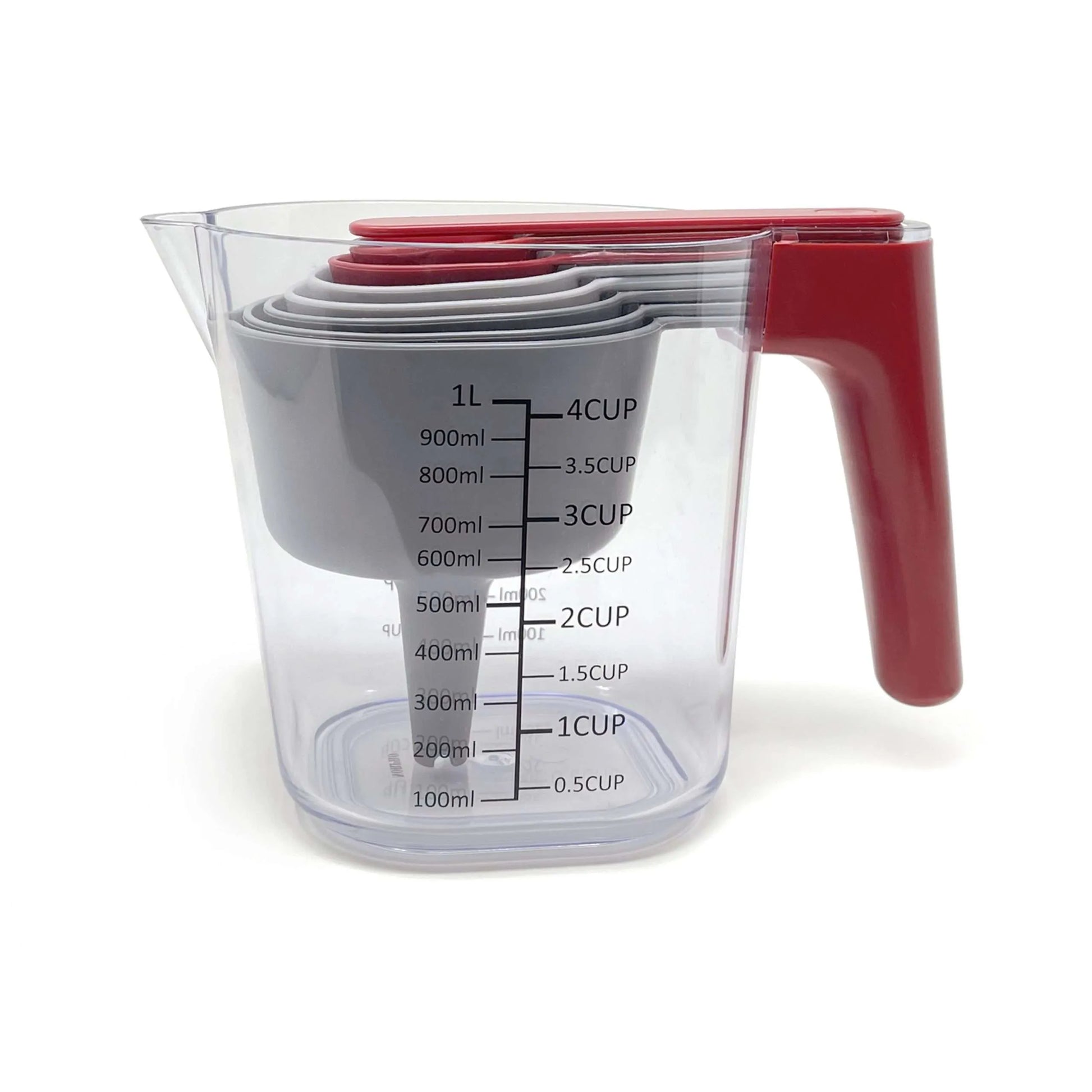 Clear plastic measuring cup with a red handle, containing nested grey measuring cups inside. The measuring cup is labeled up to 4 cups or 1 liter with black markings.