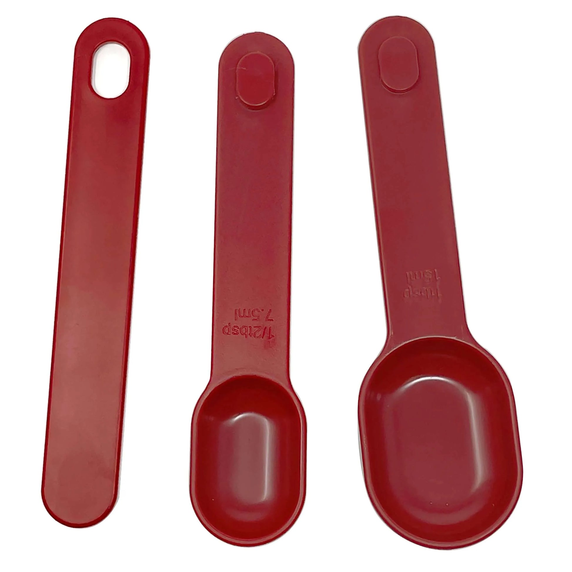 Set of three red plastic measuring spoons, including 1 tablespoon (15ml), 1/2 tablespoon (7.5ml), and a leveler, arranged side by side.