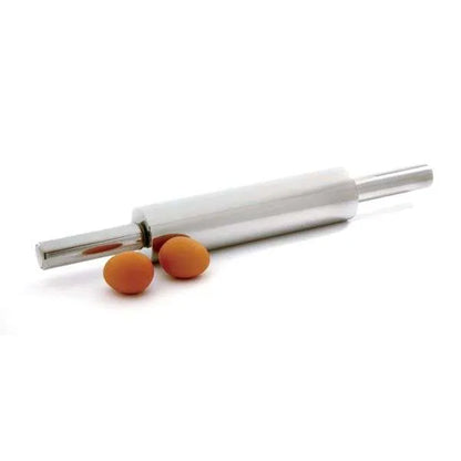 Stainless steel rolling pin with handles, placed beside two brown eggs, ready for rolling out dough.