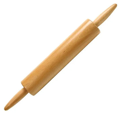 Classic wooden rolling pin with handles on both sides, ideal for baking and dough rolling.