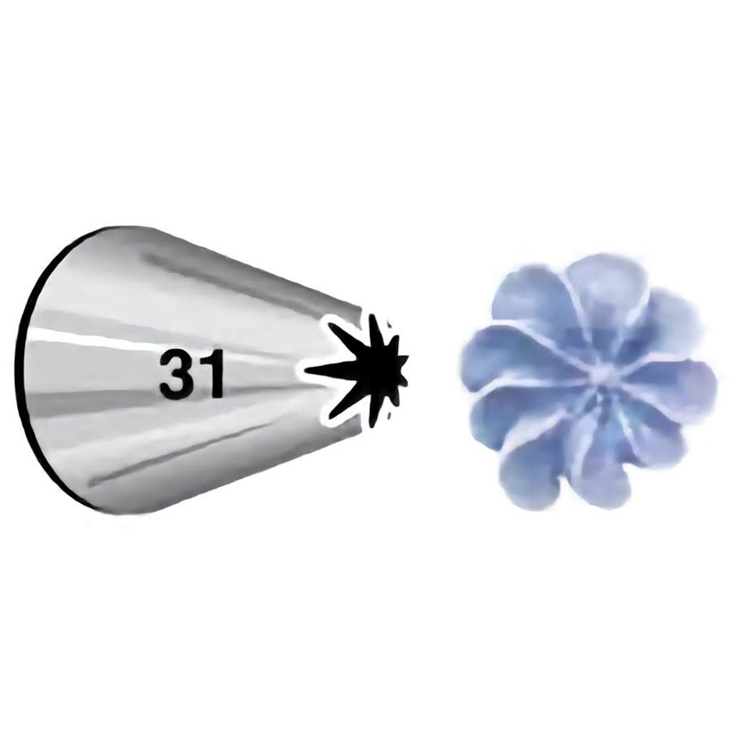 A star-shaped number 31 piping tip that creates beautiful star-shaped decorations. The image shows a blue frosting star created with the tip.