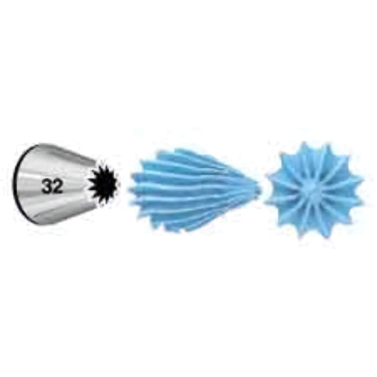 A star-shaped piping tip labeled #32, designed for intricate patterns and decorations with blue frosting.
