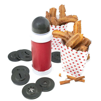 Churro maker set with two bags of freshly made churros, a red churro press, and various disc attachments on a white background.