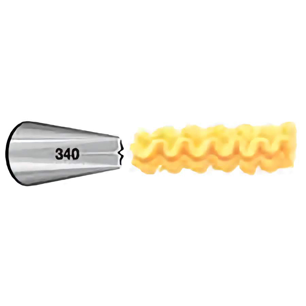 Illustration of a piping tip labeled "340" showing a wavy line of yellow frosting.