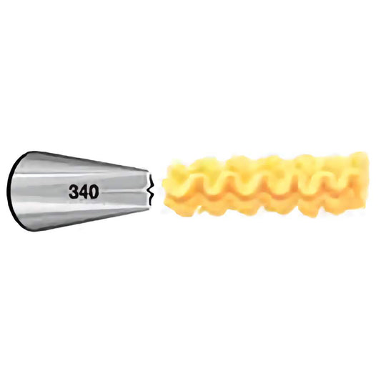 Illustration of a piping tip labeled "340" showing a wavy line of yellow frosting.