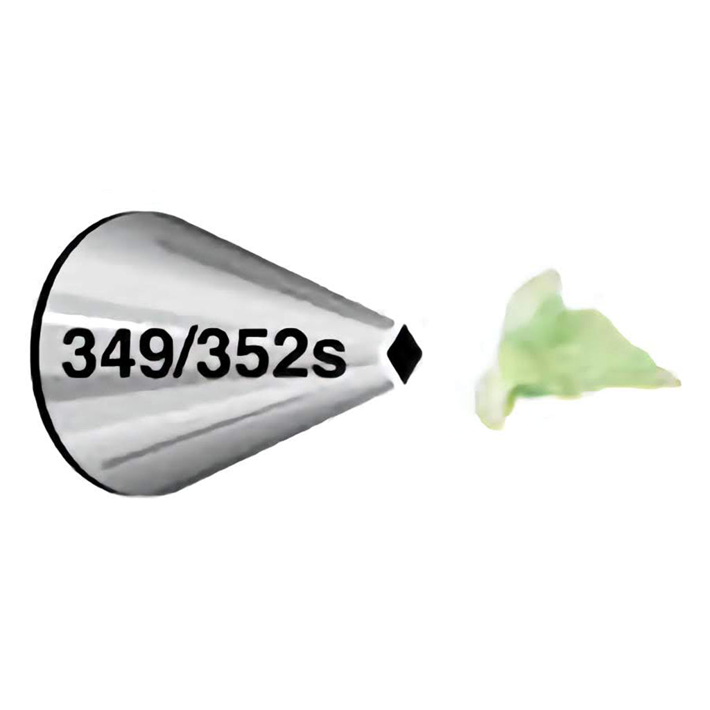 Stainless steel piping tip numbered 349/352s with leaf-shaped icing.