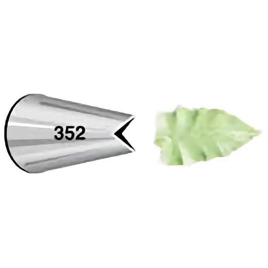 Stainless steel piping tip 352 with a green leaf-shaped icing.