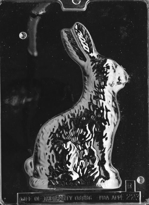 Clear plastic chocolate mold showing the back half of an 8-inch sitting bunny with matching fur texture and rounded tail, designed to pair for a complete 3D figure.
