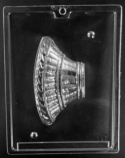 Clear plastic mold showing the left half of a woven-style chocolate basket with textured vertical and curved detailing.