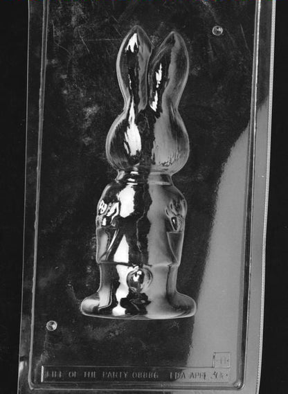 Clear plastic chocolate mold showing the matching back half of a standing bunny figure with rounded contours and continued outfit shaping, designed to pair for a complete 3D chocolate bunny.