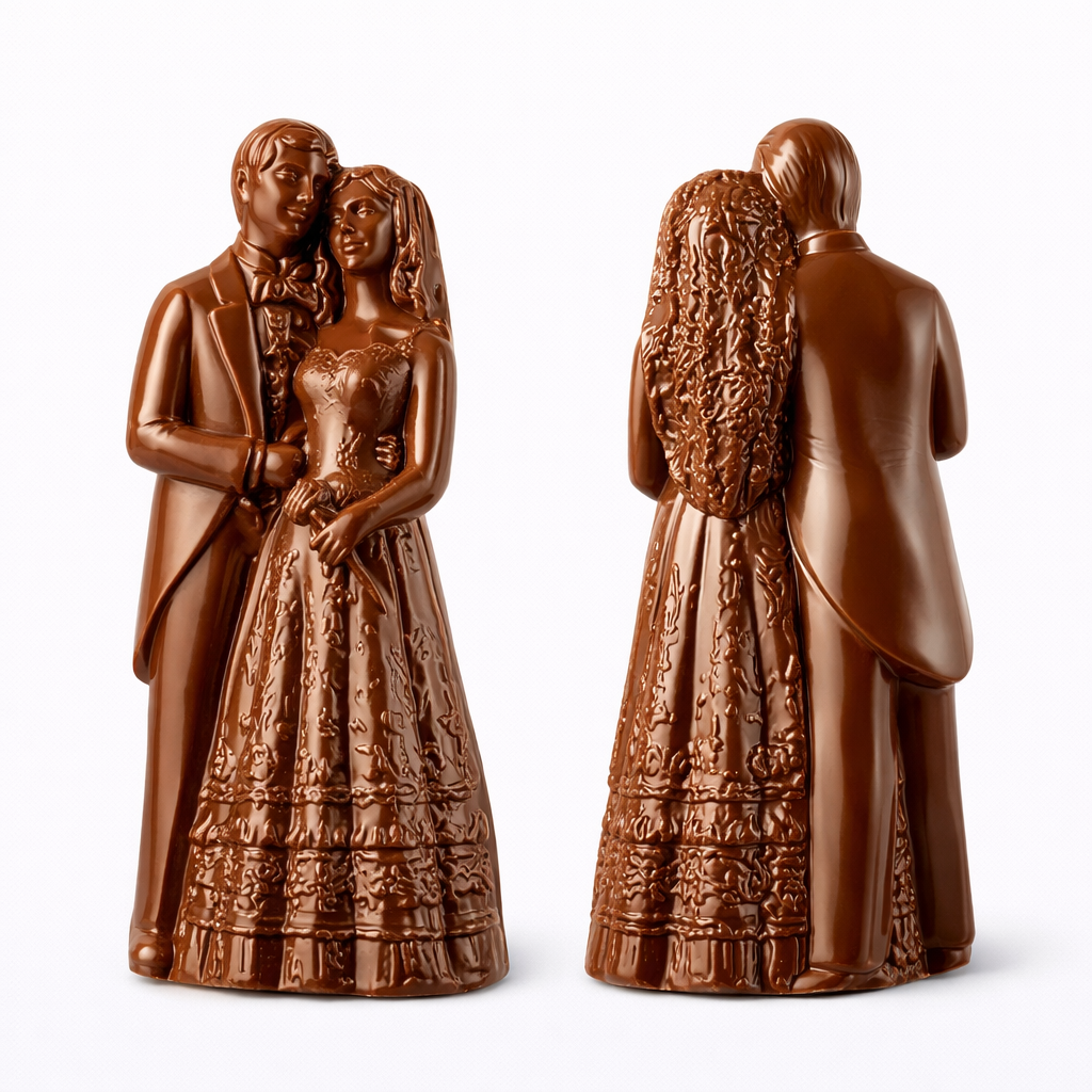 Front and back views of a 3D bride and groom chocolate figure shown side by side, featuring a couple in wedding attire with the groom in a suit and the bride in a long detailed gown and veil, standing together in an embrace.