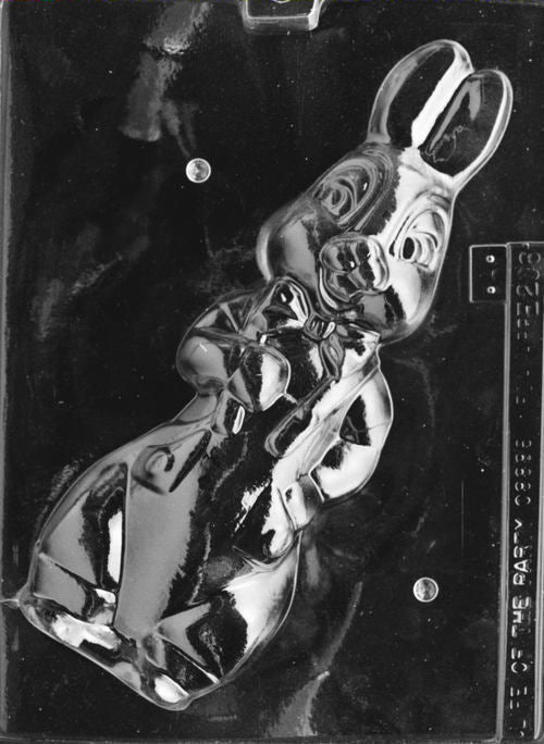 Plastic mold showing the front of a bunny wearing overalls and a bow tie, with detailed facial features and a friendly expression.