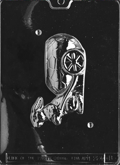 Clear plastic chocolate mold showing the matching back half of a bunny-and-cart design, created to pair with the front half for a complete 3D chocolate figure.