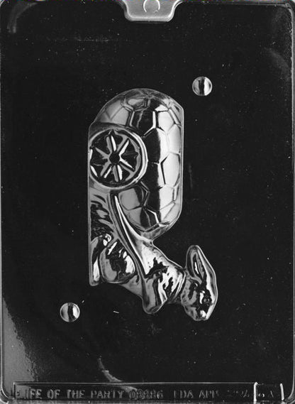 Clear plastic chocolate mold showing the front half of a bunny pulling a small cart, with a textured cart body and raised wheel detail.