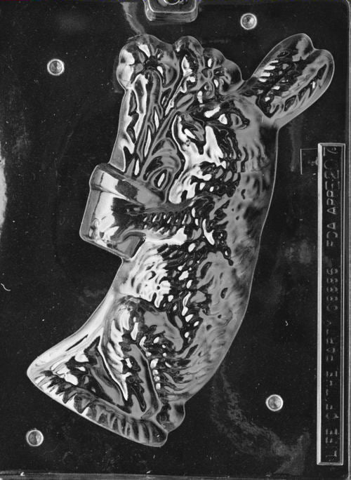 Plastic mold showing the front of a standing bunny holding a bouquet of flowers, with soft features and fine detail.