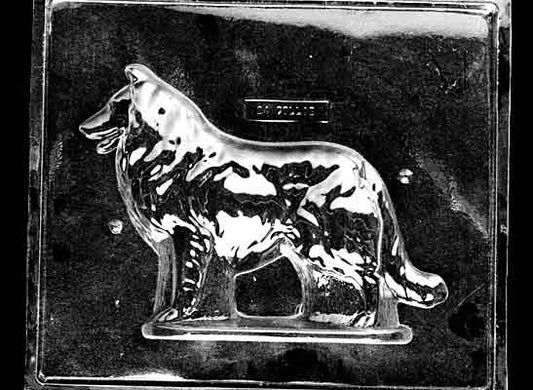 Clear plastic chocolate mold showing the front half of a Collie dog in profile with a long snout, pointed ears, and flowing fur texture along the body and tail.