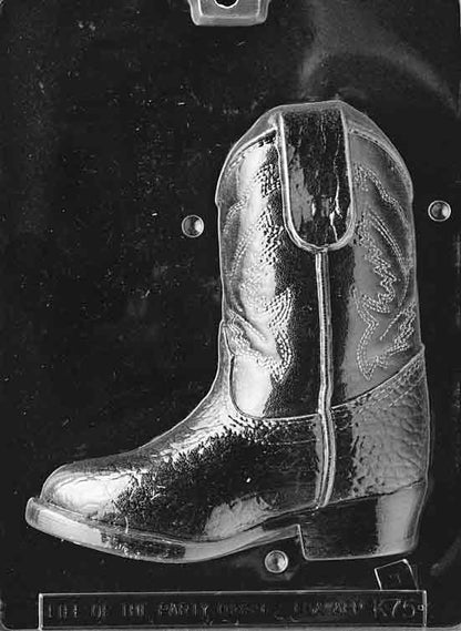 Clear plastic chocolate mold showing the matching back half of a cowboy boot with embossed stitching and western-style texture, made to pair with the front half for a complete 3D boot.