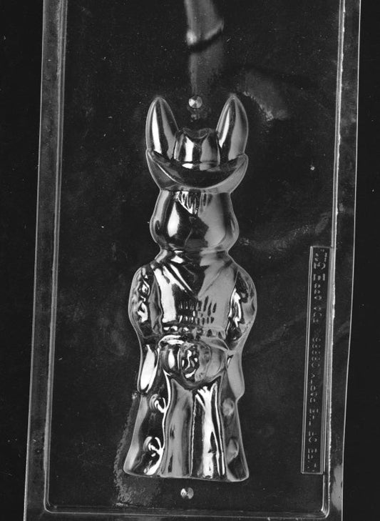 Clear plastic chocolate mold showing the back half of a cowboy bunny with hat silhouette and rounded contours, designed to pair with the front half for a complete 3D chocolate figure.