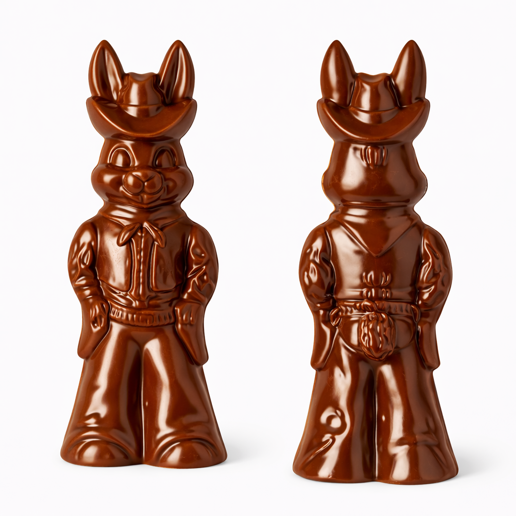 Front and back views of a 3D cowboy bunny chocolate figure shown side by side, featuring a bunny wearing a cowboy hat, bandana, jacket, and boots with detailed western styling.