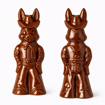 Front and back views of a 3D cowboy bunny chocolate figure shown side by side, featuring a bunny wearing a cowboy hat, bandana, jacket, and boots with detailed western styling.