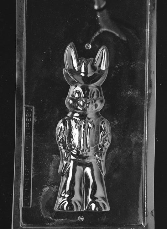 Clear plastic chocolate mold showing the front half of a cowboy bunny figure wearing a wide-brim hat and outfit details, designed to create a 3D chocolate character.