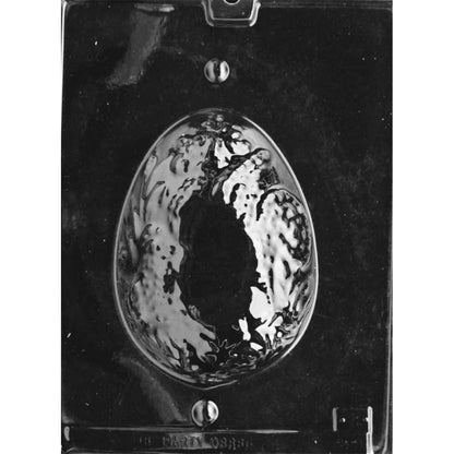 Bottom half of a Two-piece 3D Easter egg chocolate mold with a large egg-shaped cavity and continuous embossed decorative pattern, photographed on a dark background with hanging hole at to