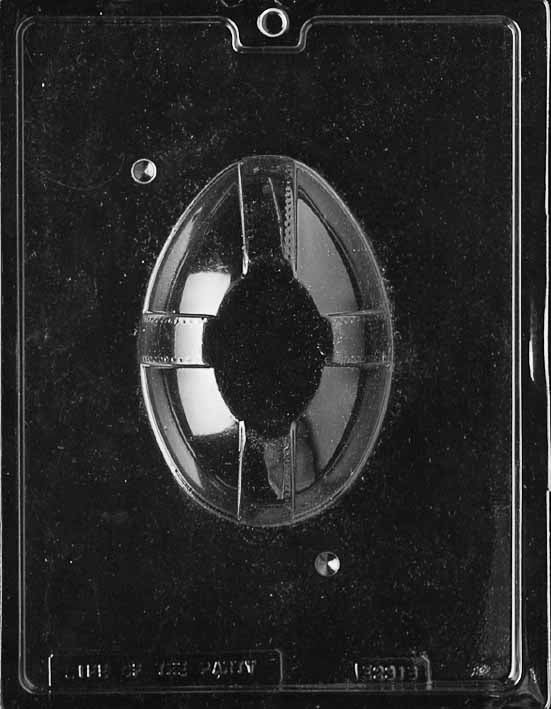 Clear plastic chocolate mold showing the matching bottom half of an egg with a smooth curved surface and ribbon band detail, designed to pair with the bow-and-flowers top.