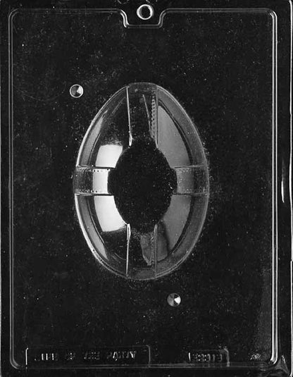Clear plastic chocolate mold showing the matching bottom half of an egg with a smooth curved surface and ribbon band detail, designed to pair with the bow-and-flowers top.