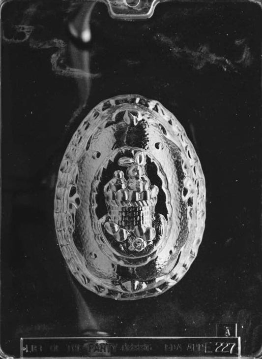 Clear plastic chocolate mold showing the front half of an egg with a raised bunny scene in the center and a textured border around the egg shape.