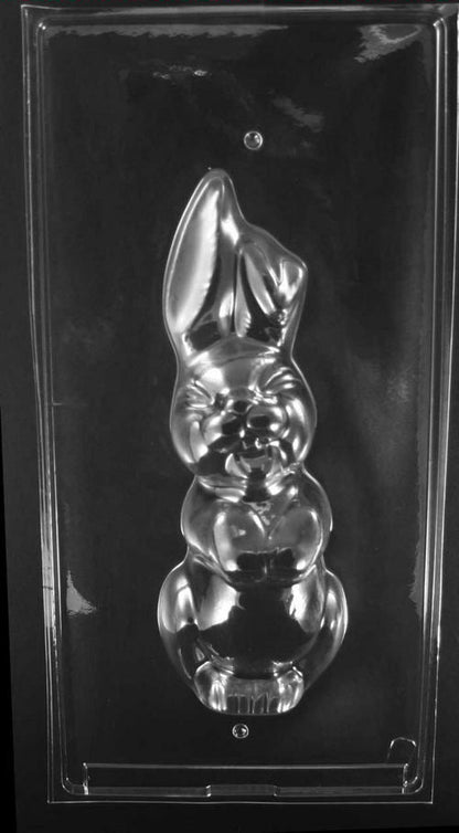 Clear plastic chocolate mold showing the front half of a tall floppy-eared bunny with a detailed face, rounded belly, and one ear draped to the side.