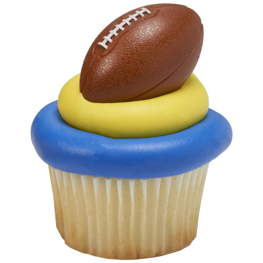Cupcake topped with yellow and blue frosting and a 3D football ring.