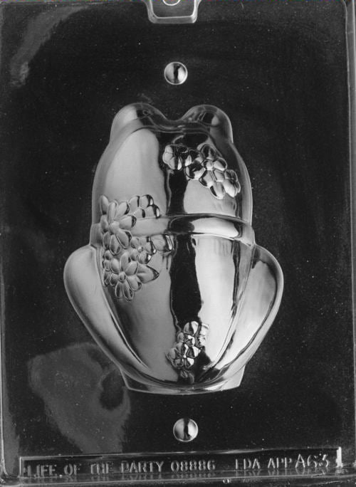 Clear plastic mold showing the back half of a large frog: curved back, rear legs, and embossed flowers along the spine and hip; designed to align with the front half to create a full 3D frog figure.