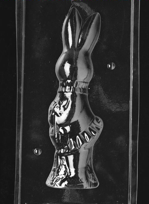 Clear plastic chocolate mold showing the back half of a tall bunny figure with smooth contours and matching outline to pair with the girl bunny front for a full 3D chocolate.
