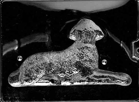 Clear plastic chocolate mold showing the matching half of a Golden Retriever in a resting pose, with fur texture and tail shaping designed to pair into a complete 3D chocolate dog.