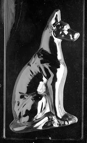 Clear plastic chocolate mold showing the front half of a seated Great Dane with tall ears, long neck, and smooth sculpted body contours on an oval base.