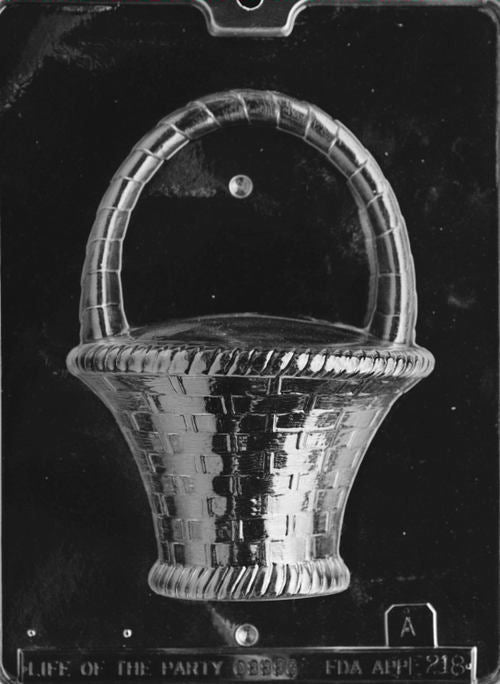 Clear plastic chocolate mold showing the front half of a large woven basket with a tall arched handle and braided rim detail.