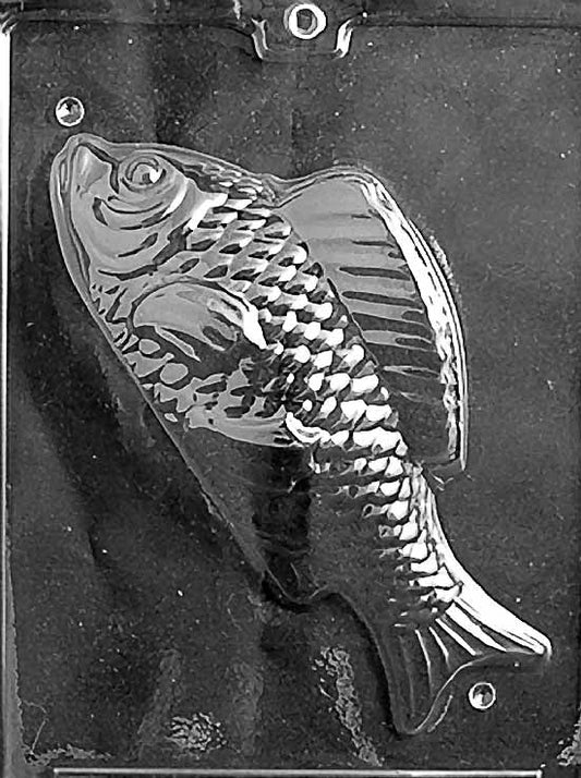 Clear plastic chocolate mold showing the matching half of a large scaled fish cavity with defined tail and fin details, designed to pair for a complete 3D chocolate fish.