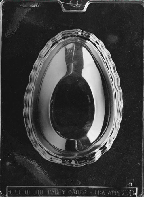 Plastic mold featuring the smooth back half of a large chocolate egg, designed to pair with Piece 1 for a complete 3D shape.