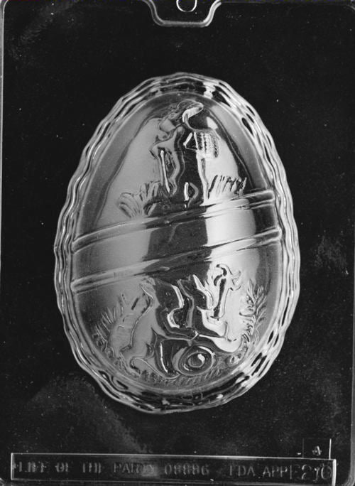 Plastic chocolate mold showing a large egg with decorative scene and a smooth band for custom names or messages.