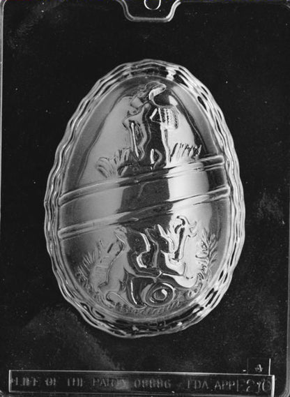 Plastic chocolate mold showing a large egg with decorative scene and a smooth band for custom names or messages.
