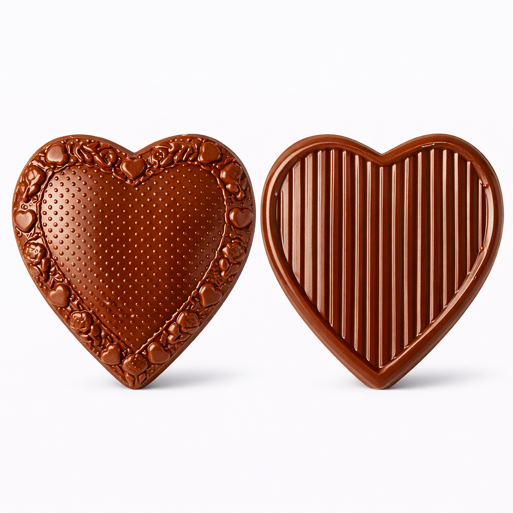 Top and inside views of a large 3D heart-shaped chocolate shown side by side, with one side featuring a dotted center and a raised border of small hearts and roses, and the other side showing a smooth heart with vertical stripe detailing.