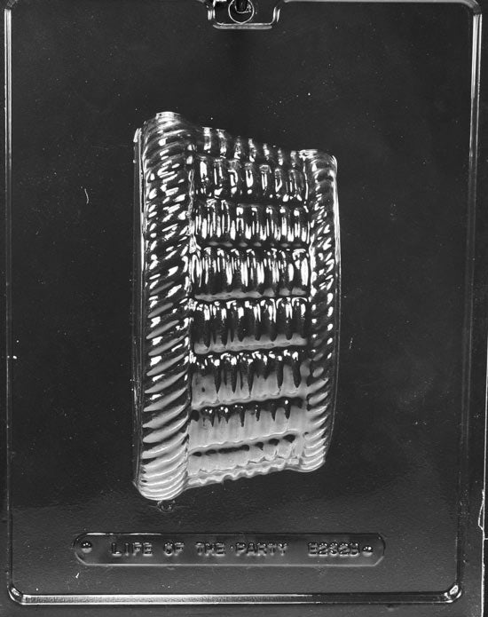 Clear plastic chocolate mold showing the matching half of a medium no-handle basket cavity with the same woven texture, designed to pair for a complete 3D chocolate basket.