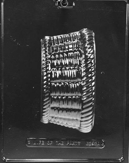 Clear plastic chocolate mold showing one half of a medium handle-free basket with deep sides and a bold woven texture pattern inside the cavity.