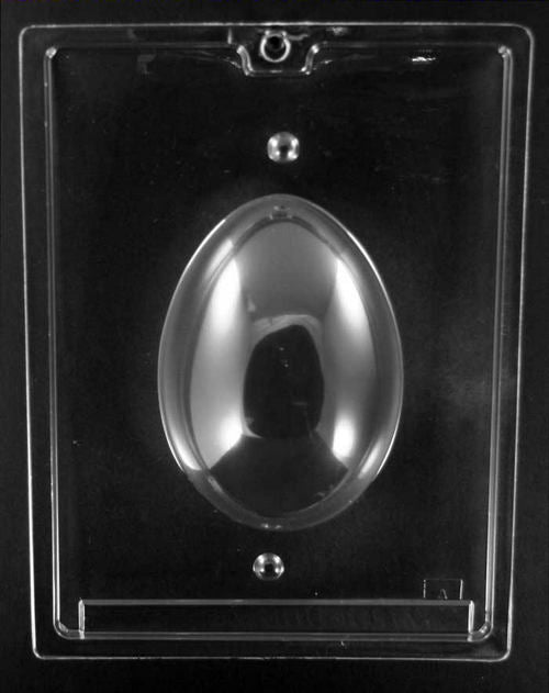 Clear plastic mold showing one half of a smooth, oval-shaped chocolate egg designed for 3D panoramic egg creations.