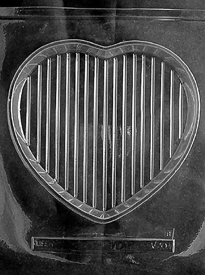 Clear plastic mold featuring a large heart-shaped chocolate box base with vertical grooves, designed to pair with personalized heart-themed tops.