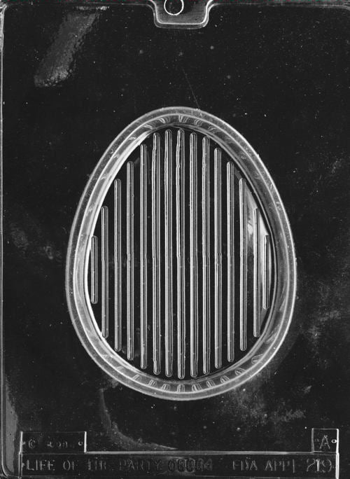 Clear plastic chocolate mold showing a smooth egg-shaped cavity, designed as the matching half for a 3D pour egg chocolate mold set.